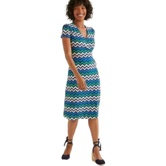 BODEN Women's Wrap Dress Size UK 8 US 4 Navy Blue Green Chevron Jersey Knee - Picture 2 of 8